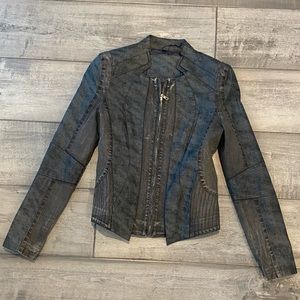 Faux leather moto jacket. Gray with tint of blue. Size is small.